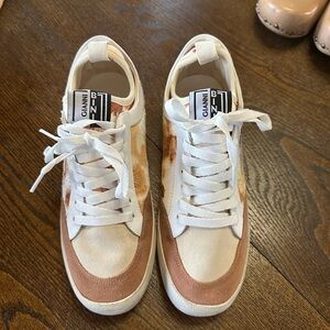 Gianni Bini White and Tan Suede Accent Lace-Up Sneakers